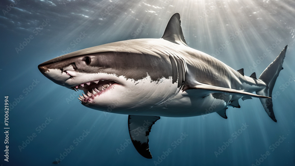 Naklejka premium Great white shark in underwater of open ocean