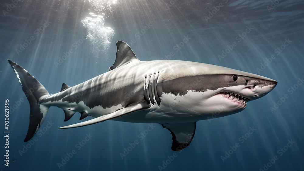 Obraz premium Great white shark in underwater of open ocean