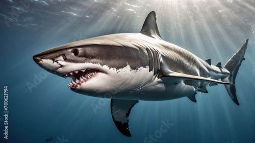 Great white shark in underwater of open ocean