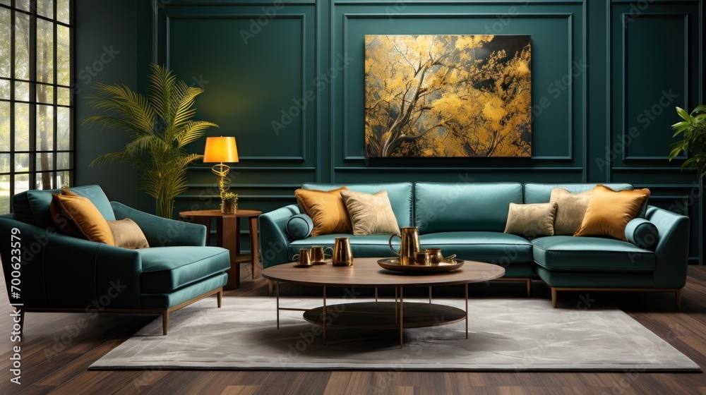living room with wooden floors and emerald walls with elegant furniture living room with wooden floors and emerald walls with elegant furniture