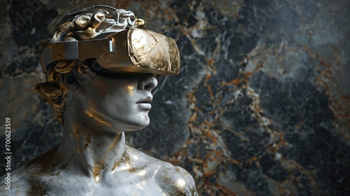 A stone stoic sculpture, statue of a person wearing a VR, virtual reality headset portraying the combination of technology and ancient art.