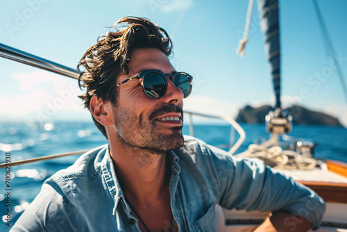 Handsome Man Enjoying Sunny Yacht Trip with Stylish Sunglasses