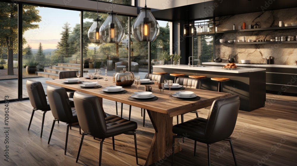contemporary dining room with kitchen, has an 8 seater dining table with bright pendant lights