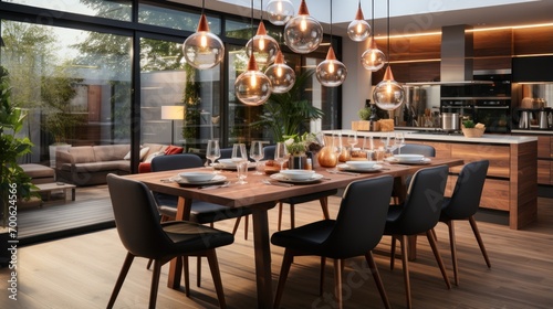 contemporary dining room with kitchen  has an 8 seater dining table with bright pendant lights