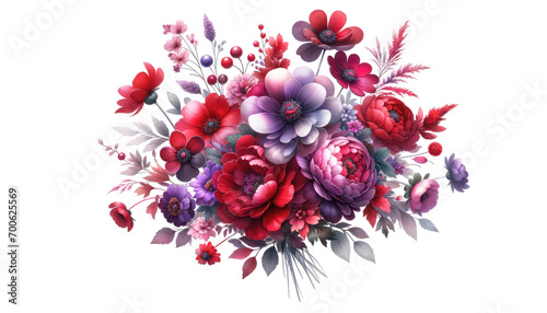 Floral bouquet red purple pink watercolor flowers isolated on white background