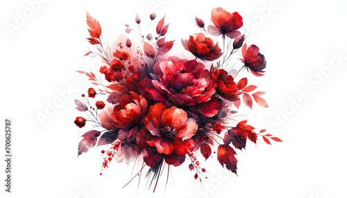Floral bouquet red purple pink watercolor flowers isolated on white background