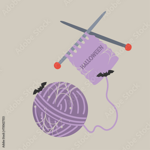 Flat Design Halloween  Illustration  Ball Wool and Knitting Needles, Bat, Web
