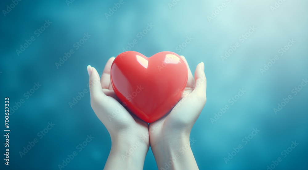 The essence of love with hands presenting a red heart on a serene blue background, an eloquent symbol of affection. Generative AI. The essence of love with hands presenting a red heart on a serene blue background, an eloquent symbol of affection. Generative AI.