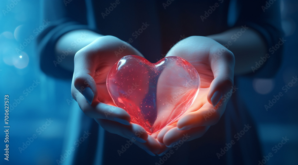 The essence of love with hands presenting a red heart on a serene blue background, an eloquent symbol of affection. Generative AI. The essence of love with hands presenting a red heart on a serene blue background, an eloquent symbol of affection. Generative AI.