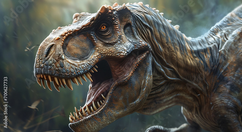 Majestic Tyrannosaurus Rex, a Prehistoric Cretaceous Predator from the Jurassic Era, Exhibited with Fossils and Bones, Showcasing its Massive Size © Superhero Woozie