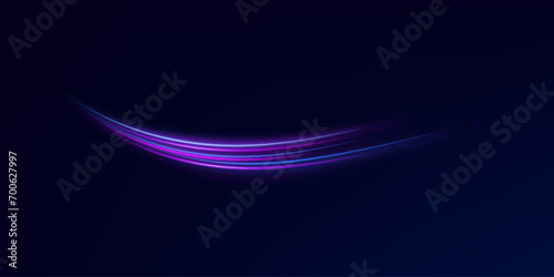 Light trail wave effect. Abstract motion lines, glowing headlights and optical fiber, PNG glow curve swirl, road car headlights and glowing white speed lines on a swirl light on the road.