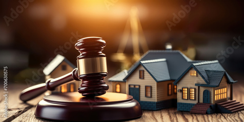 Judge's gavel on the background of the house, court proceedings related to the purchase of the sale of real estate