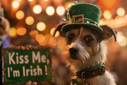 A dog wearing a green hat with the words kiss me i'm irish, AI