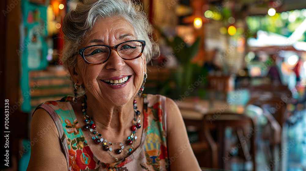 Elderly woman, 65 years old, wearing glasses in a simple environment