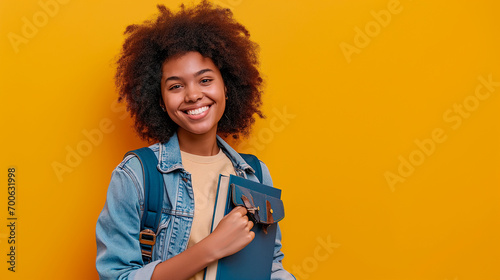 black woman with afro curly hair, holding notebooks and smiling in a photography studio photo