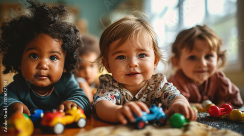 Portrait of a group of children in a kindergarten playing with toys photo