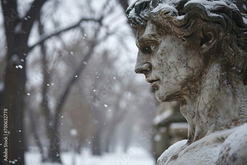 A stone stoic sculpture, statue of a person in a beautiful environment.