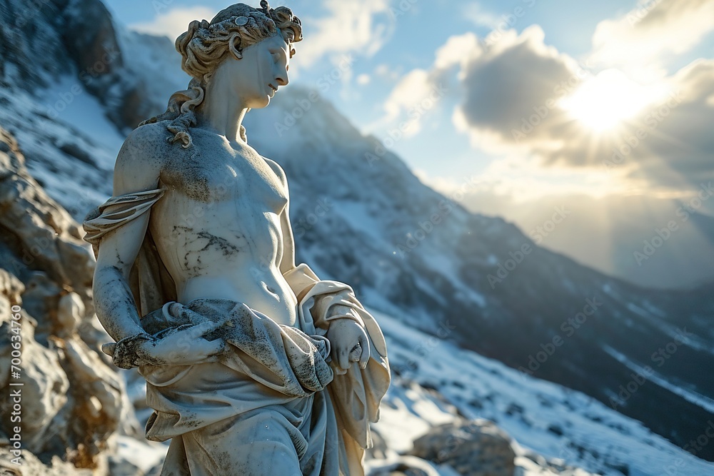 A stone stoic sculpture, statue of a person in a beautiful environment.