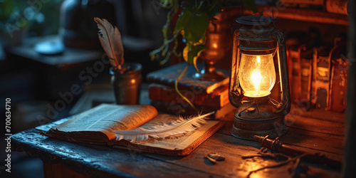 An old kerosene lantern placed beside an open book and a feather quill on a vintage oak desk, nostalgic