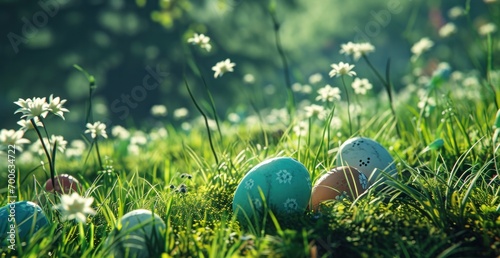 colourful eggs nestled in a grassy garden