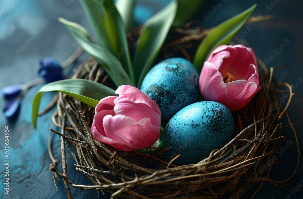 easter egg nest with four pink tulips and blue eggs easter egg nest with four pink tulips and blue eggs
