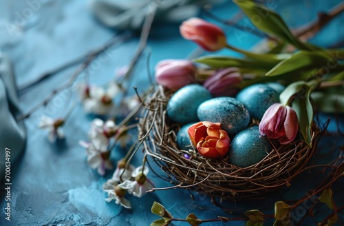 easter egg nest with four pink tulips and blue eggs