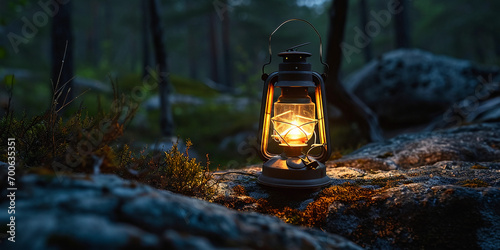 Illuminated camping lantern set on a rock, surrounded by a dark forest, showcasing the textures and details on the lantern