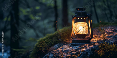 Illuminated camping lantern set on a rock, surrounded by a dark forest, showcasing the textures and details on the lantern
