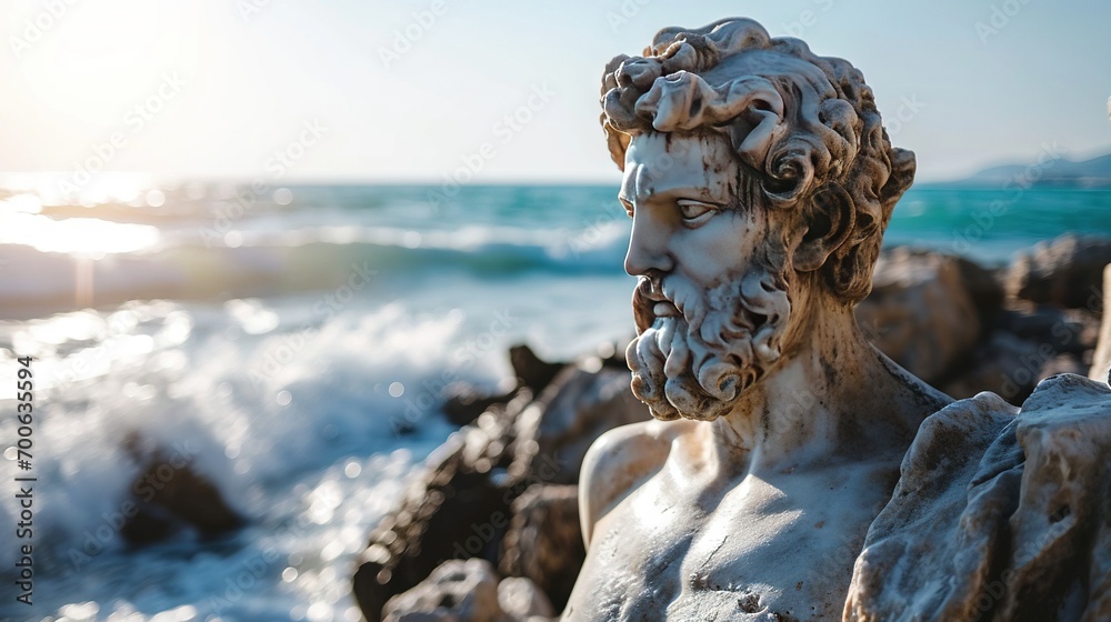 A stone stoic sculpture, statue of a person in a beautiful environment. - obrazy, fototapety, plakaty 