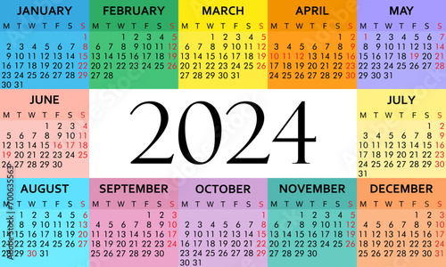 colorful calendar 2024. Template design vector illustration. week starts monday