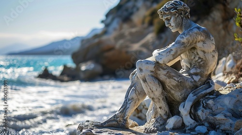 A stone stoic sculpture  statue of a person in a beautiful environment.
