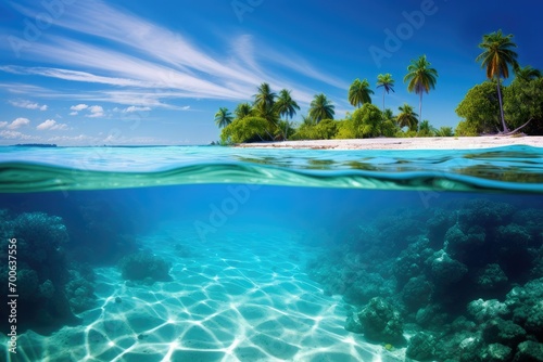tropical paradise island, beach with coconut trees, beach with sky, seascape and sun on blue sky background photo