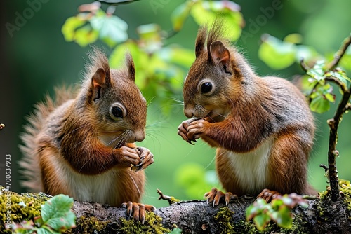 Capturing essence of nature. Cute brown squirrel in forest habitat. Adorable wildlife. Enjoying nut in park. Closeup portrait of curious and rodent
