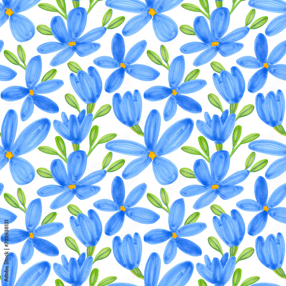 Seamless pattern of blue flax flowers, green leaves. Hand drawn illustration by markers on white background. Wildflowers. Botanical hand painted floral elements. For fabric, sketchbook, wallpaper.