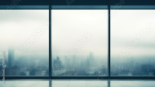 Floor glass windows through which you can see the big city with skyscrapers in the fog, a place for your product