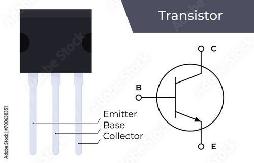 Transistor electronic component with scheme and designations. Vector illustration