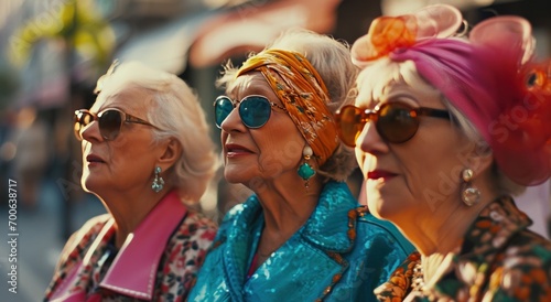 four women on the street wearing colorful clothing and sunglasses