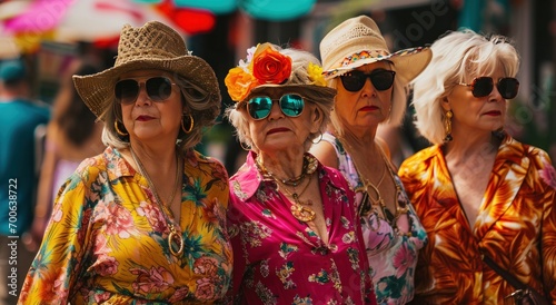 four women on the street wearing colorful clothing and sunglasses © olegganko