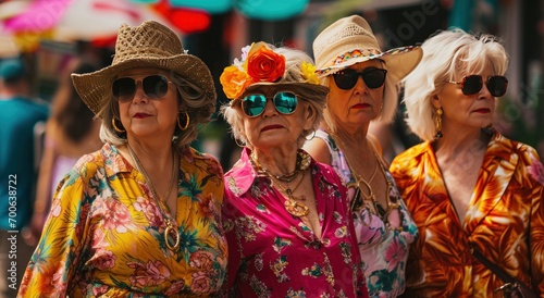 four women on the street wearing colorful clothing and sunglasses
