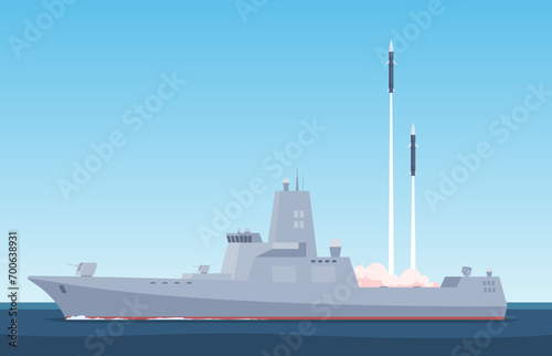 Military ships. A missile carrier launches a missile from the sea. Maritime defense forces from the sea. Vector illustration photo