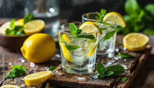 fresh water with lemon and mint leaves in glasses