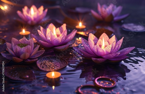 five candle stand on a purple background with lotus flower and a lotus ring © olegganko
