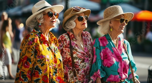 four women on the street wearing colorful clothing and sunglasses