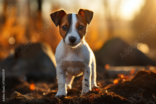 Super Cute Pedigree Smooth Fox Terrier Dog Stands Aware on the Lawn