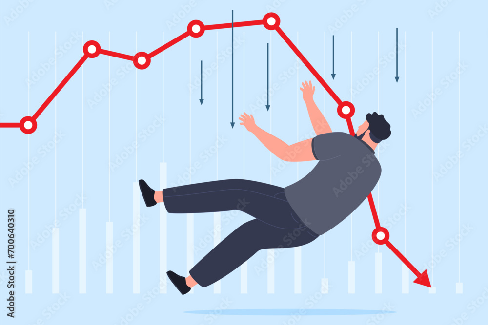 Falling market price collapse. People in a falling position. Stumbling on an obstacle, slipping on a slippery surface. Concept of failure. Vector illustration