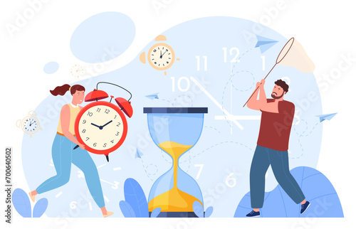 Deadline. People want to catch up to make up time. Different clocks. Fast workflow. Vector illustration