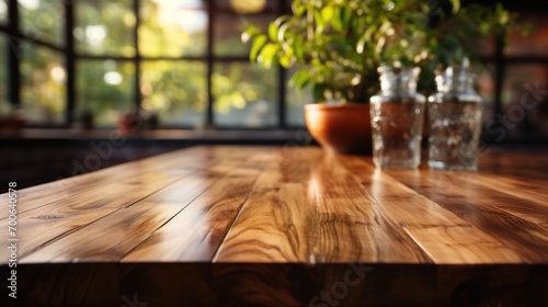 Beautiful empty wooden table top and blurred bokeh modern background in clean and bright