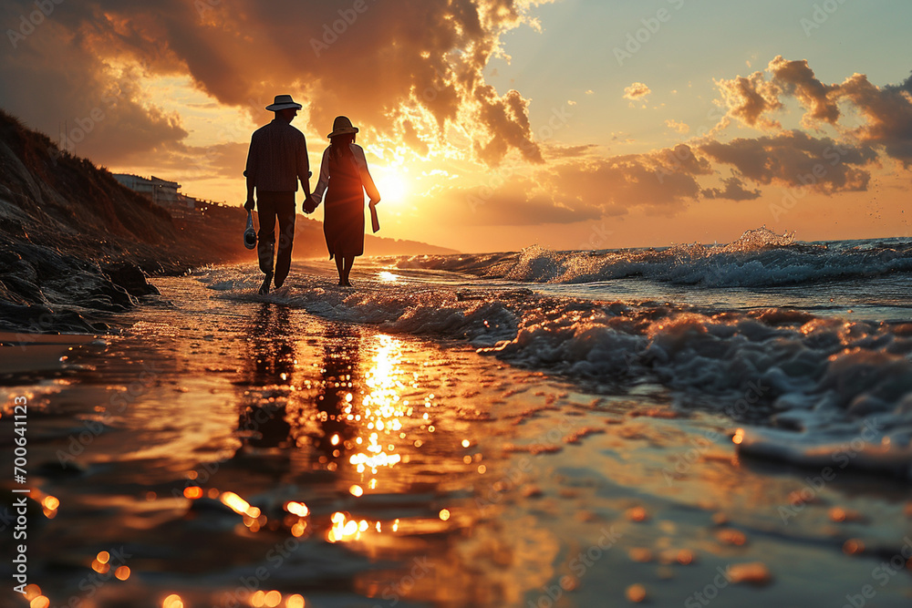 happy couple walking on the beach at sunset, rear view