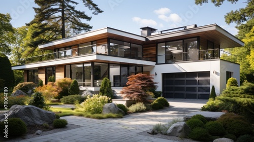 Front of modern house from street with white walls, green yard and garage driveway © Prasojo