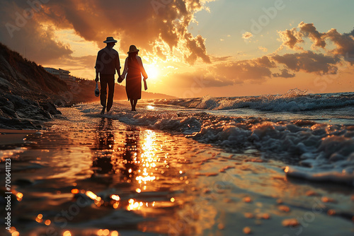 happy couple walking on the beach at sunset, rear view photo